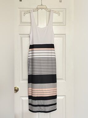 Striped Sleeveless Maxi Dress in White, Black & Blush